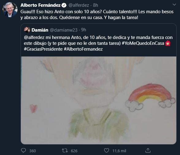 Alberto Fernández respondió y agradeció mensajes y dibujos publicados por niños (Foto: Twitter)