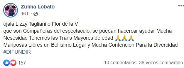 Zulma se dirige a Lizzy Tagliani y Flor de la V. (Facebook)