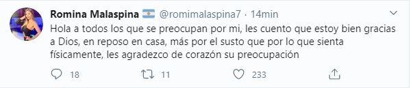 El mensaje de Romina Malaspina. (Twitter)