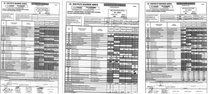 Imagen con ejemplos de los telegramas compartidos en redes sociales con cero votos, tachados o borrados.