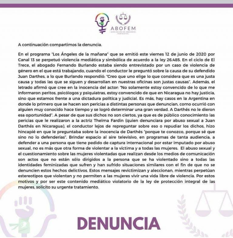 Thelma Fardín y el comunicado de Actrices Argentinas (Twitter)