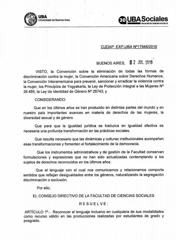 La resolución de la Facultad de Ciencias Sociales de la UBA (1)