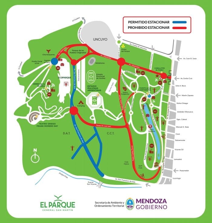 Plano de estacionamiento en el Parque General San Martín.