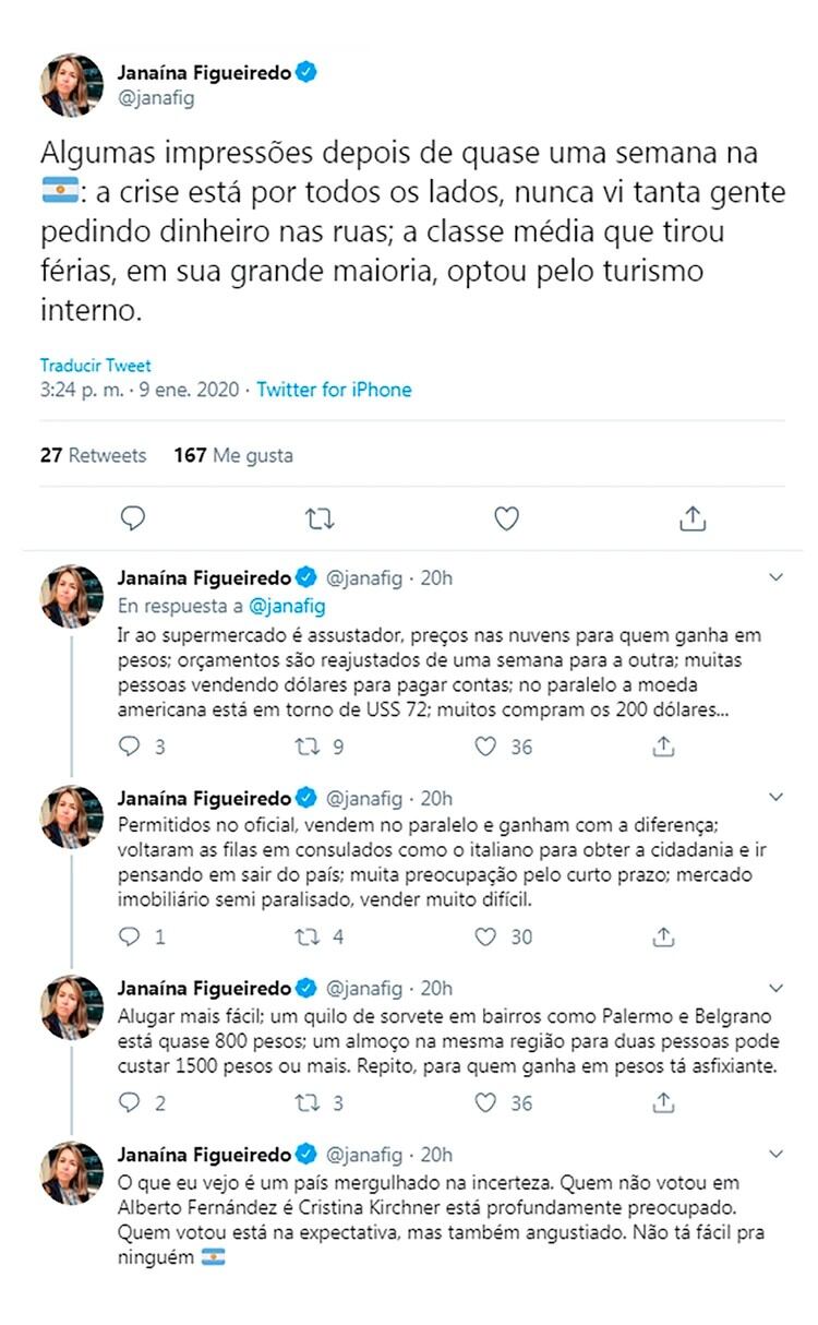 La periodista brasileña Janaína Figueiredo analizó en Twitter cómo viven los argentinos en medio de la crisis económica (Foto: Twitter/ @janafig)