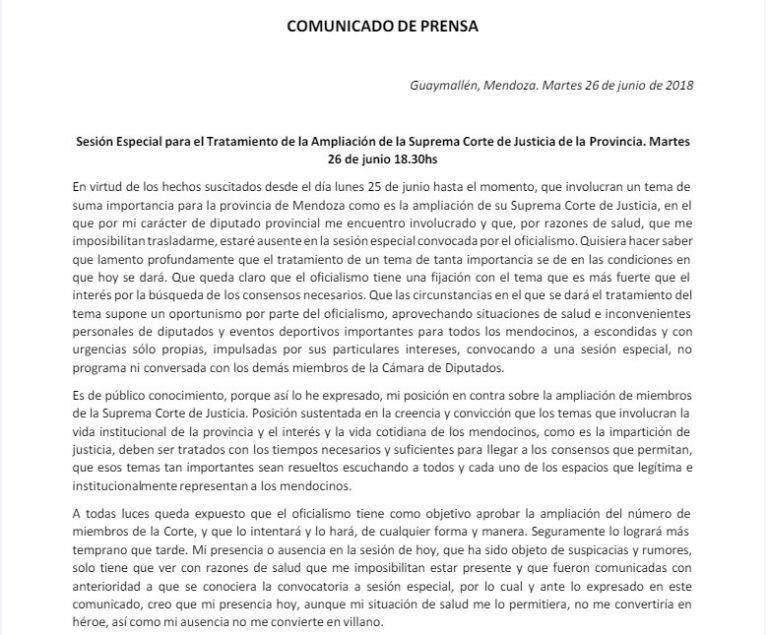 Comunicado del legislador Mario Díaz.