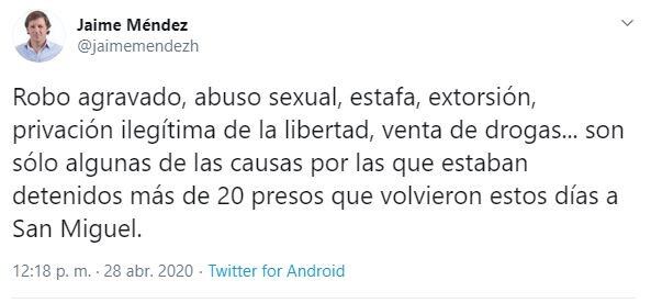 El descargo del intendente Jaime Méndez. (Twitter)