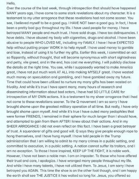 La carta de Isaac Kappy. (Instagram)