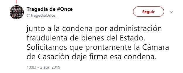 El tuit de los familiares de víctimas de la tragedia de Once (Twitter)