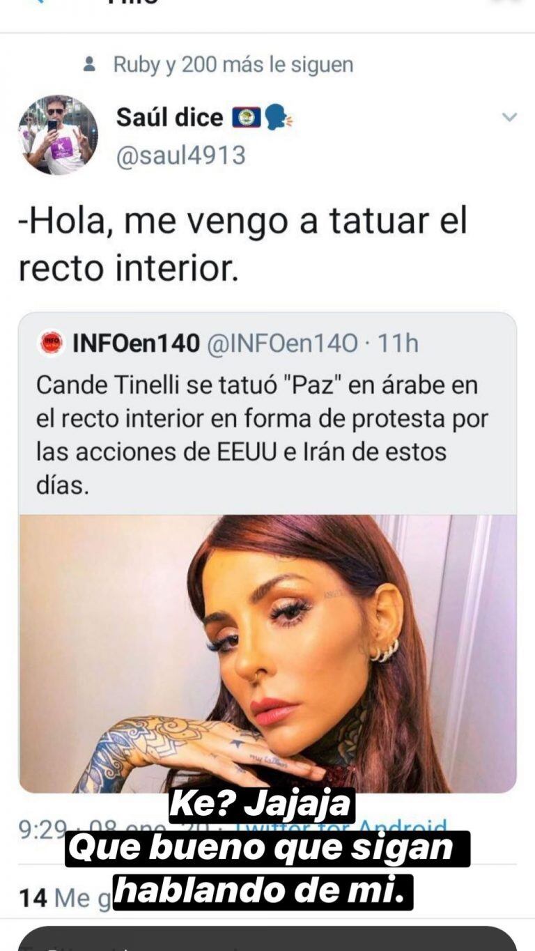 Candelaria Tinelli se divirtió con una falsa noticia sobre sus tatuajes  (Foto: Instagram/ @candelariatinelli)