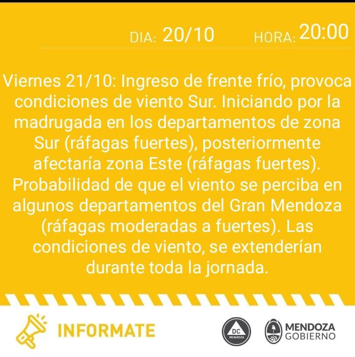 Defensa Civil emitió un alerta amarilla por fuertes ráfagas de viento para gran parte de la provincia.