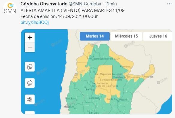 Alerta por fuertes vientos para parte de la provincia de Córdoba.