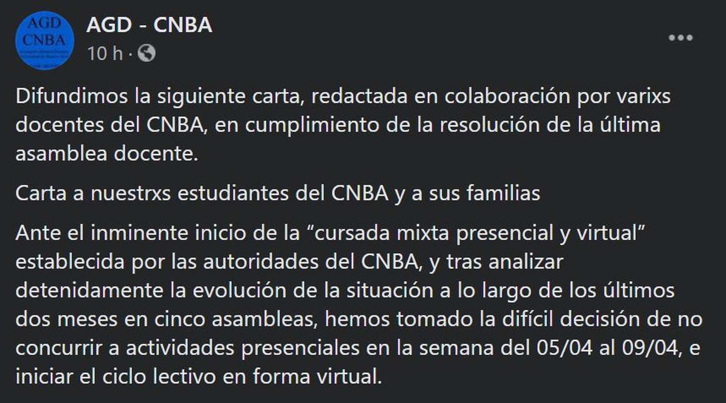 Un paro que complica la vuelta a las clases presenciales en el Nacional Buenos Aires. (Twitter)