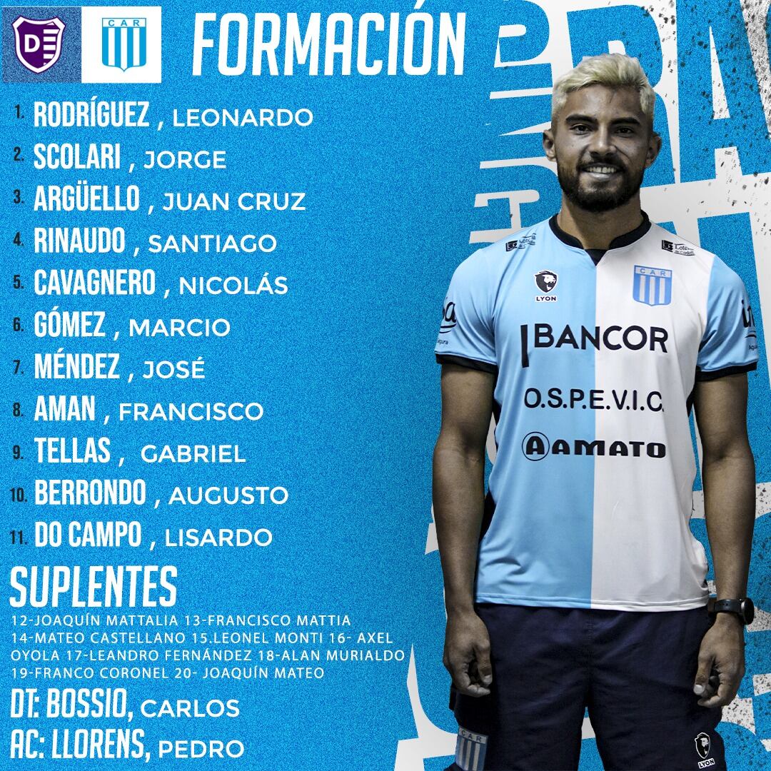 La formación de Racing de Nueva Italia para visitar a Villa Dálmine, por la quinta fecha de la Zona B de la Primera Nacional. (Prensa Racing)