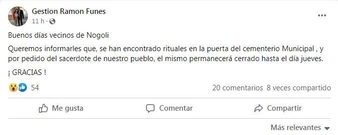 Cerraron el cementerio de Nogolí por la realización de rituales paganos.