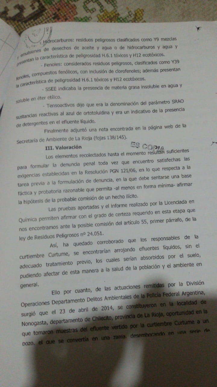 Uno de los documentos donde la UFIMA confirma la gravedad de la contaminación en Nonogasta