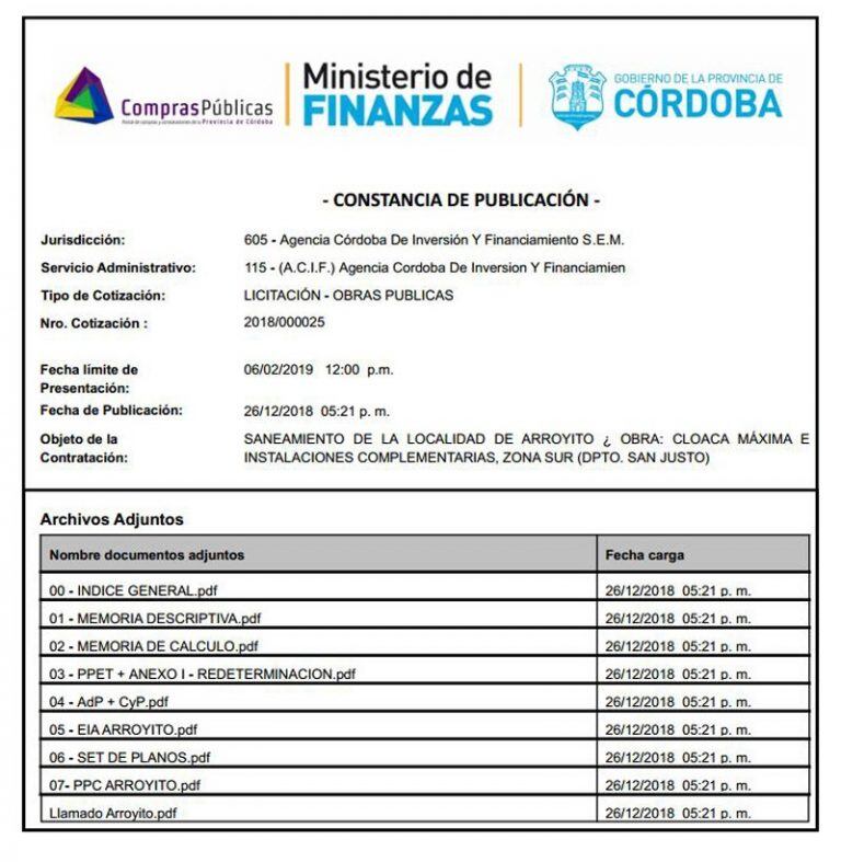 Documento Boletin Oficial Obra de Cloacas Arroyito