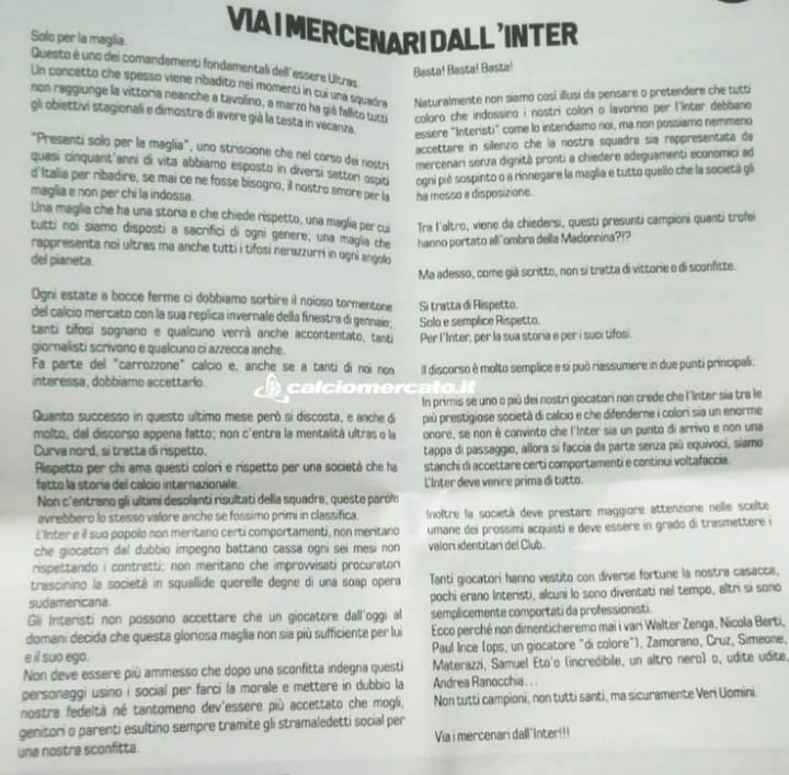 La barra brava del Inter mostró su malestar con Icardi.