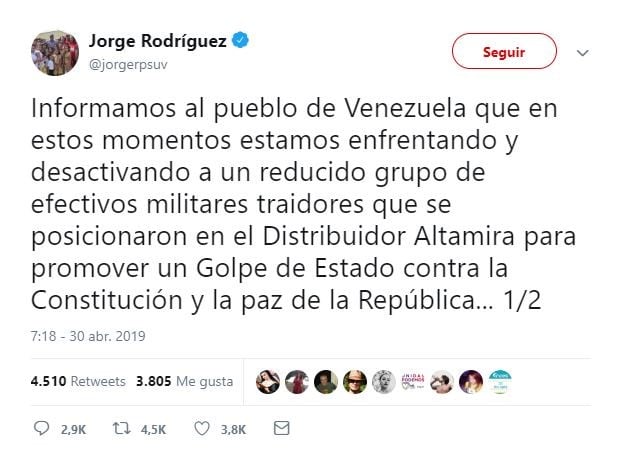 El ministro de Comunicación de Venezuela, Jorge Rodríguez, informó este martes que el gobierno de Nicolás Maduro está "enfrentando y desactivando" un plan golpista