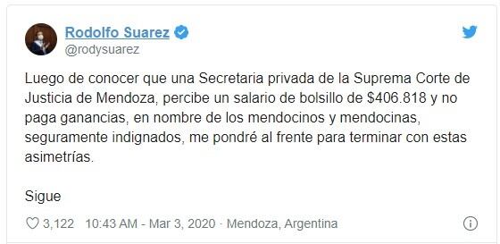 Así lo manifestó el gobernador Suarez en las redes sociales.