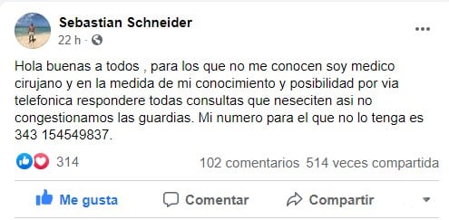 Médico crespense se ofrece a recibir consultas telefónicas.