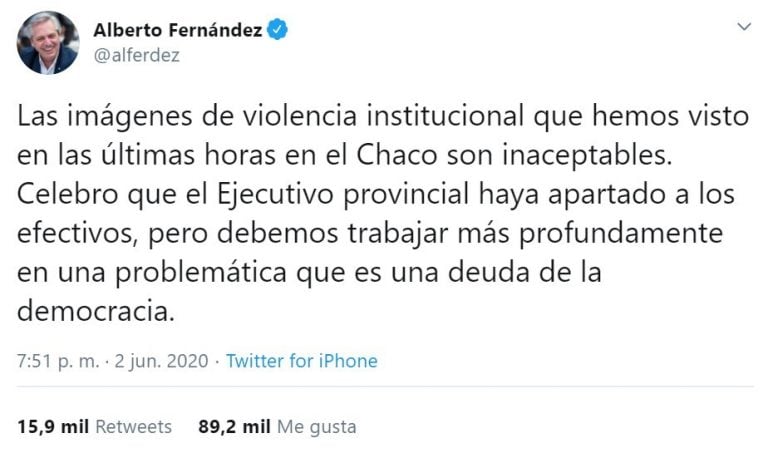 Alberto Fernández, preocupado por la violencia policial (Foto: captura Twitter)