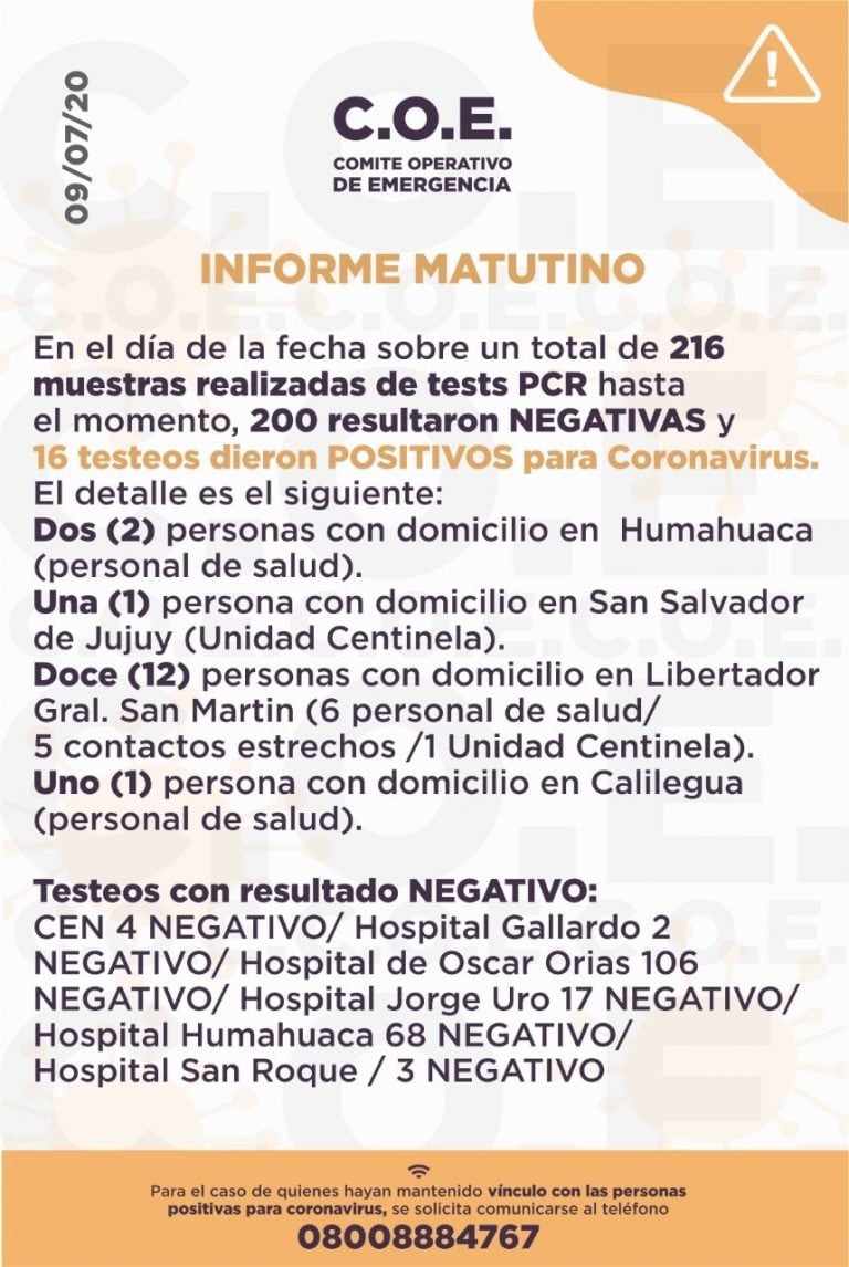 Reporte parcial de la jornada, emitido  por el COE Jujuy.