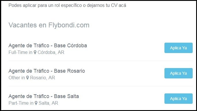 La página tiene enlaces para ver las diferentes propuestas laborales. (Flybondi.com)