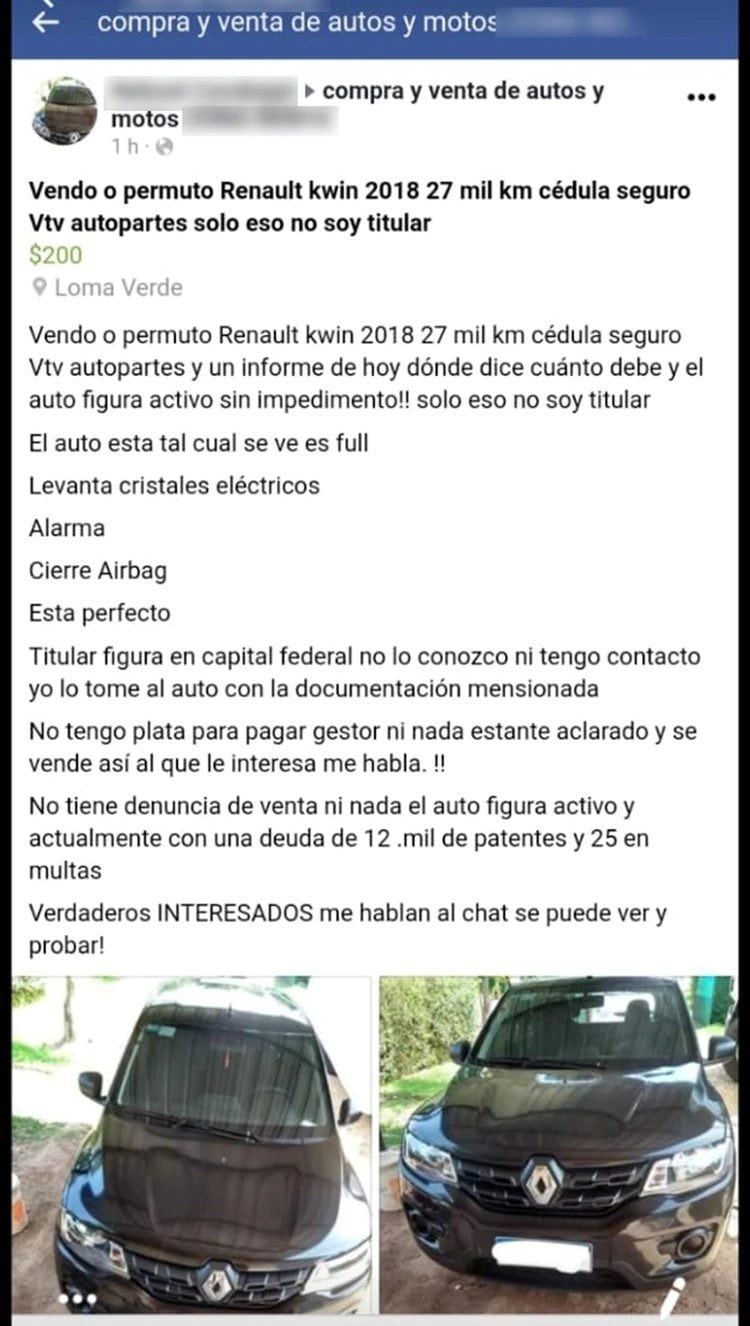 Publicación en un grupo de Facebook.