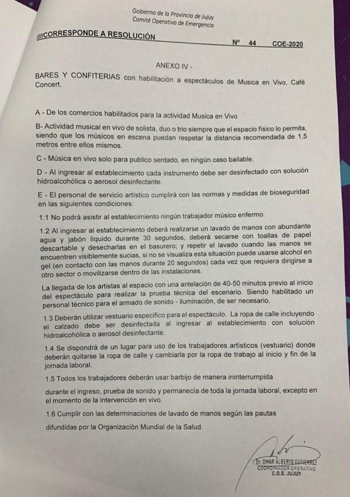 Con la firma de su coordinador Omar Gutiérrez, el anexo aprobado por el COE que permitió el regreso de espectáculos de música en vivo en bares de Jujuy.