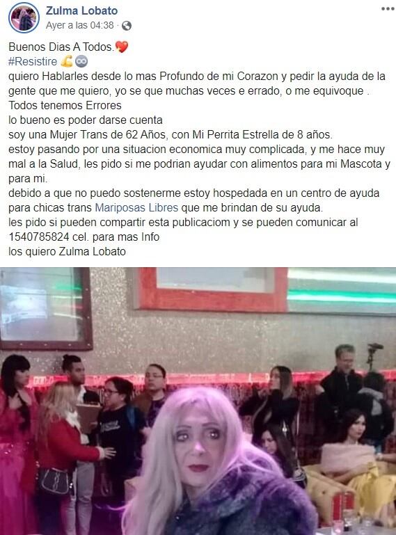 El pedido de Zulma Lobato. (Facebook)