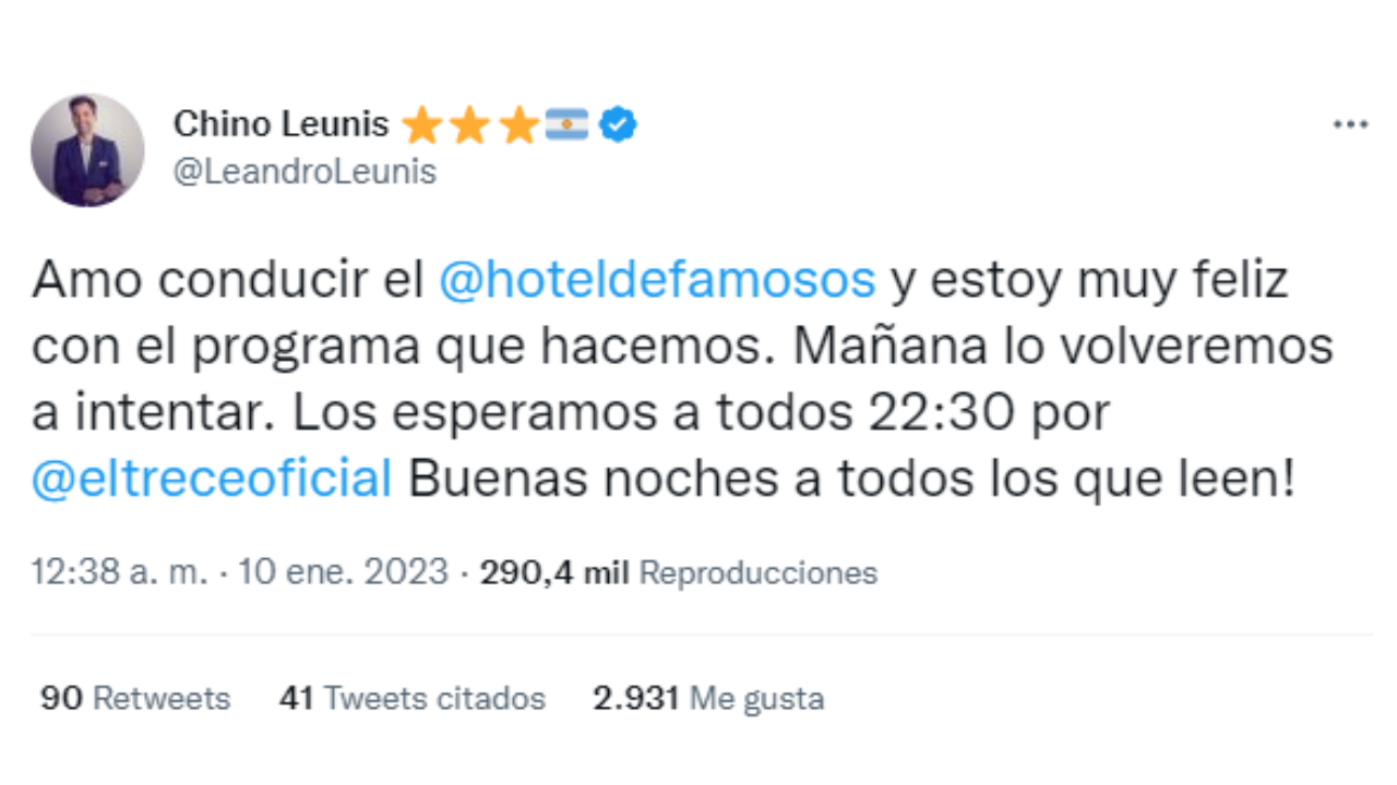 Luego de perder en el rating contra Gran Hermano, el Chino Leunis lanzó un tweet: “Intentar”.