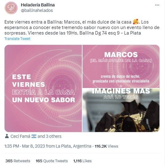 La heladería platense "Bailina" lanzó un sabor de helado en nombre de Marcos, el participante de Gran Hermano.