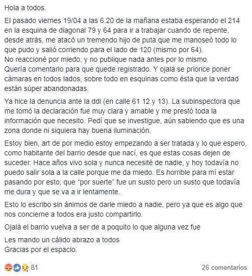 La Plata: relató que fue manoseada mientras esperaba el micro.