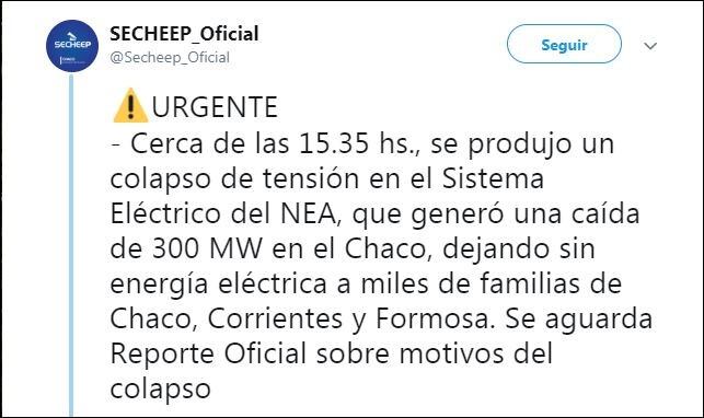 El aviso de SECHEEP a través de twitter.