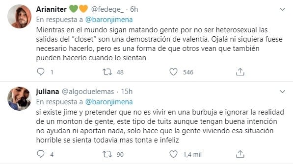 Tweets en respuesta al mensaje de Jimena Barón (twitter)