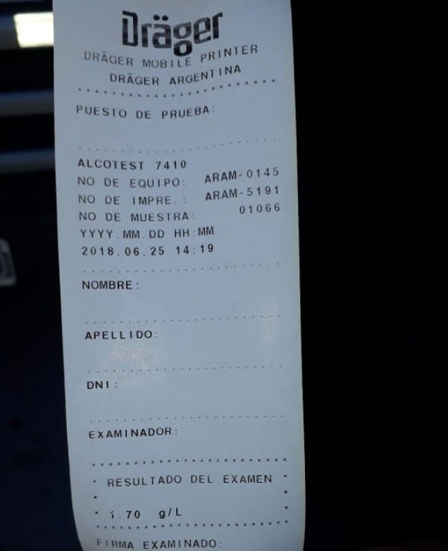 Documento donde se registra el grado de alcoholemia del camionero.