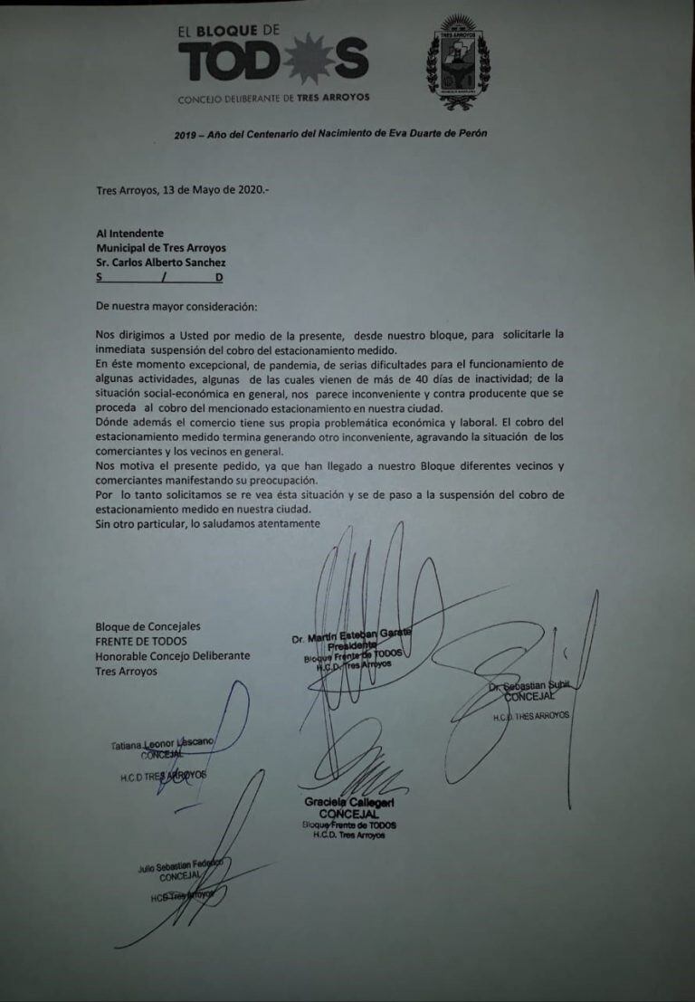 Carta del Frente de Todos solicitando la suspensión del cobro del Estacionamiento Medido.