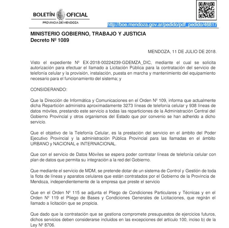 Decreto Nº 1089 publicado en el Boletín oficial de Mendoza.