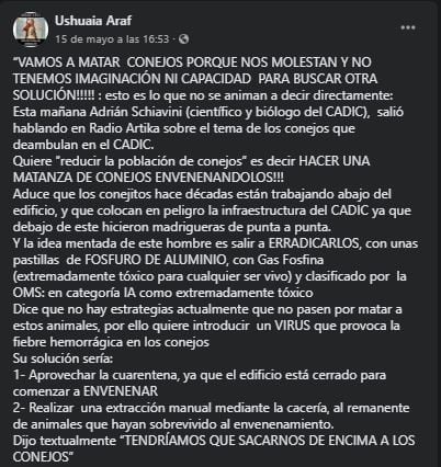 Denuncia asociación protectora ARAF sobre matanza masiva de conejos.