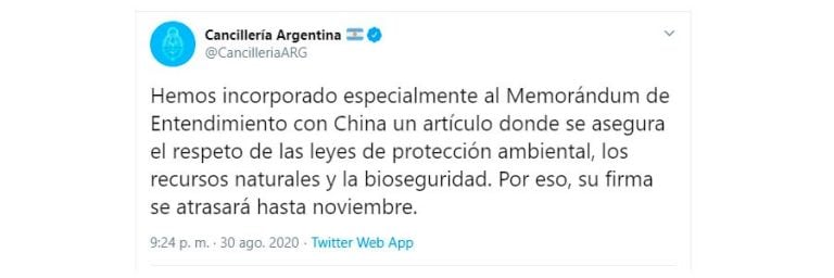 El mensaje de Cancillería (Twitter)