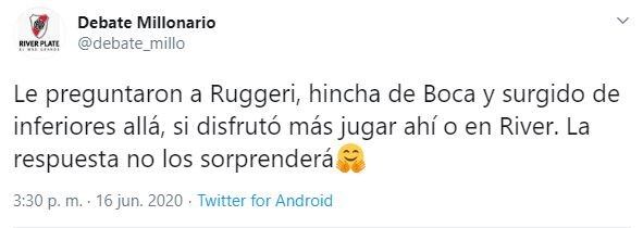 Respuesta de los hinchas de River a la elección de Ruggeri. (Twitter)