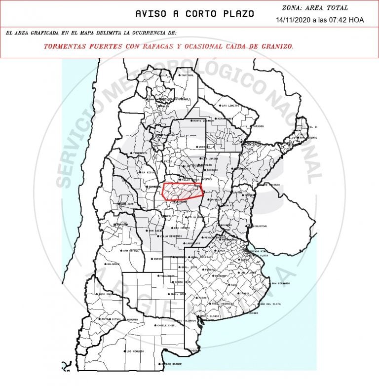 Alerta a corto plazo emitido este sábado 14 de noviembre, y que afecta nueve departamentos de la provincia.