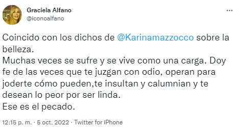 Graciela Alfano apoyó los dichos de Karina Mazzocco.