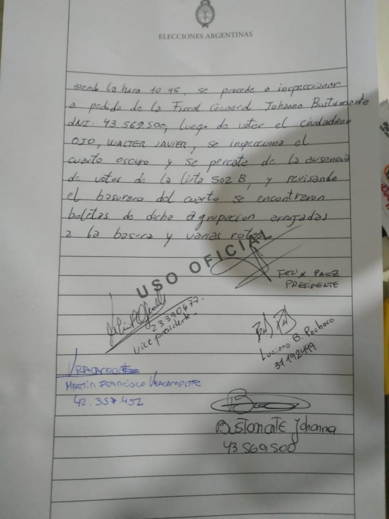 Denunciaron a Walter Oio por romper las boletas de la lista 502 B.