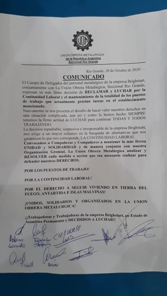 Comunicado de la UOM seccional Río Grande.