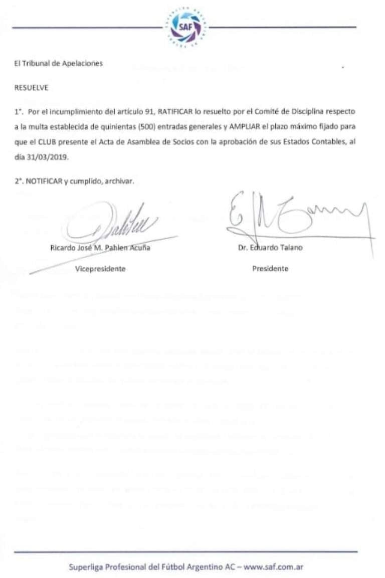 Comunicado de la Superliga.