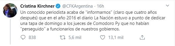 Cristina Kirchner en Twitter.