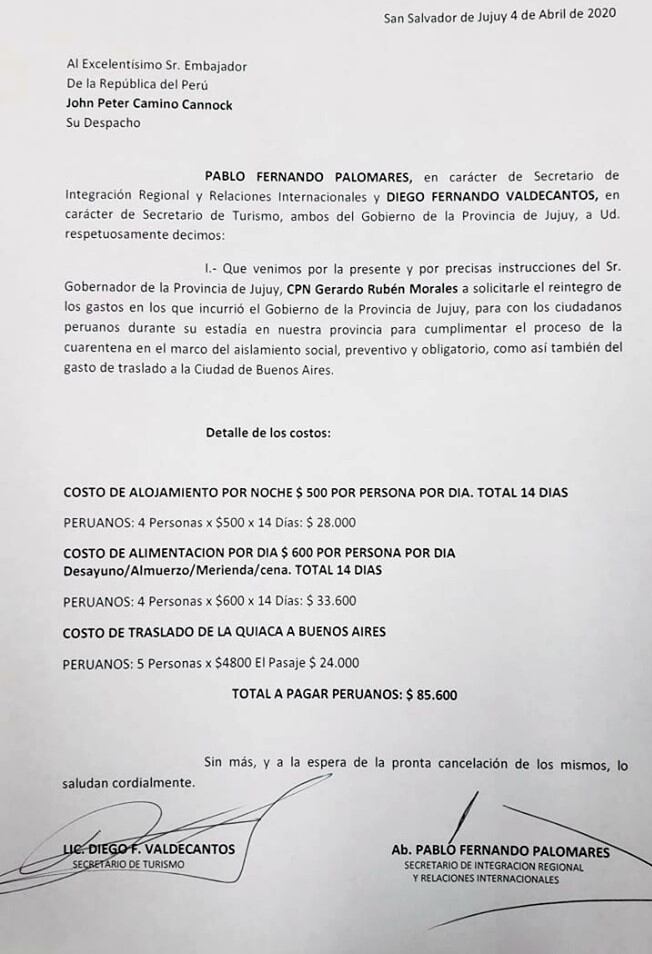 El cobro de $85.600.- que reclama el Gobierno de Jujuy a la Embajada del Perú en Argentina.