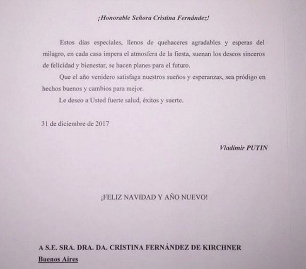 Carta de Putin a Cristina