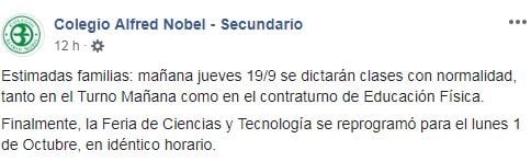 Comunicado del colegio Alfred Nobel de Mar del Plata por el caso de un alumno con estreptococo.